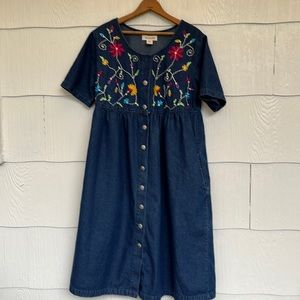Vintage Cottagecore Denim Embroidered Dress - Size Medium M